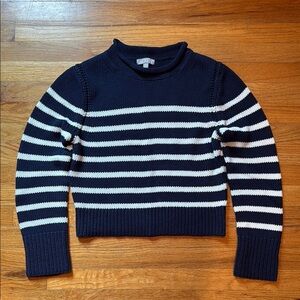 EUC J Crew Heritage Cotton Roll-Neck Sweater in Navy Ivory Stripe, S.